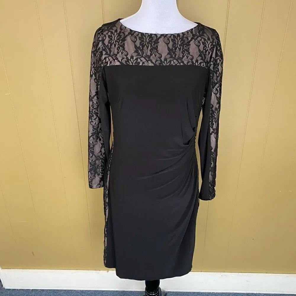 Women M fully lined midi dress w/black lace over tan rouched waist